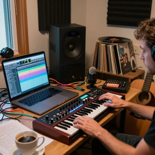 Musician using SC88 sound module in a cozy home studio environment.