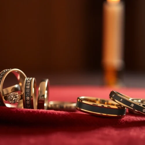 Showcasing diverse mens wedding rings with intricate designs on a velvet background.