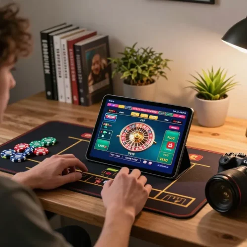 Engaged player in online casinos Canada enjoying an exciting roulette game on tablet in a cozy home setup.