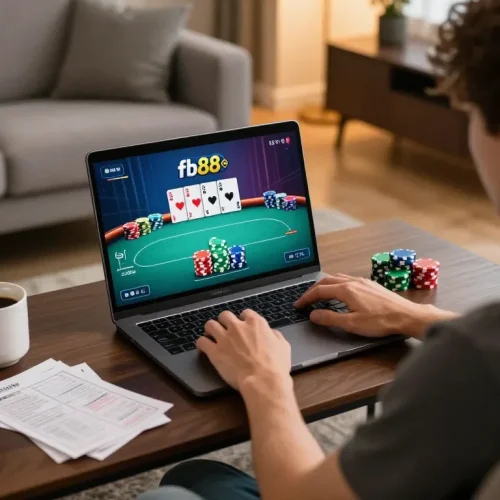 Engaging online poker gameplay on fb88 com with colorful chips and warm home setup.