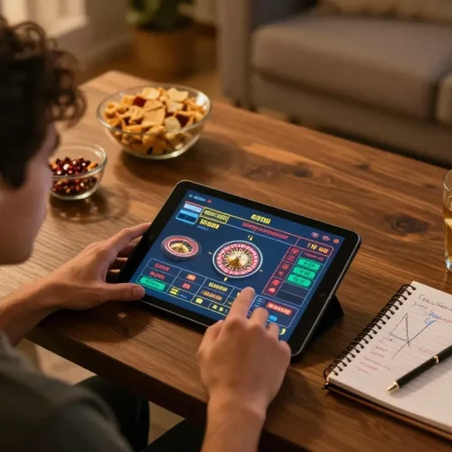 Player engaging in an online casino game on a tablet while utilizing oli4d for strategic betting.