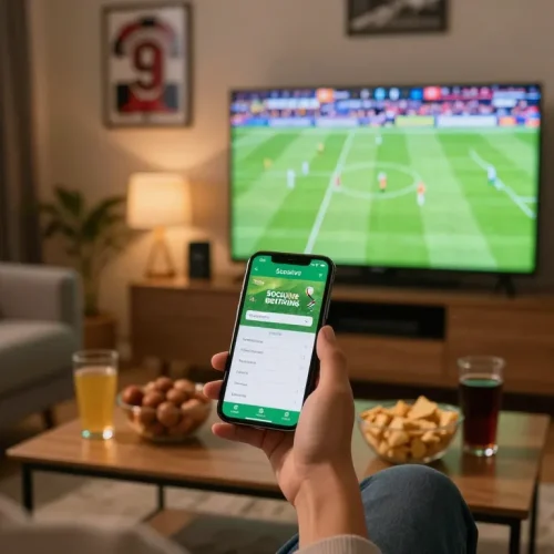 Socolive app displayed on a smartphone during an intense sports betting session in a cozy home.