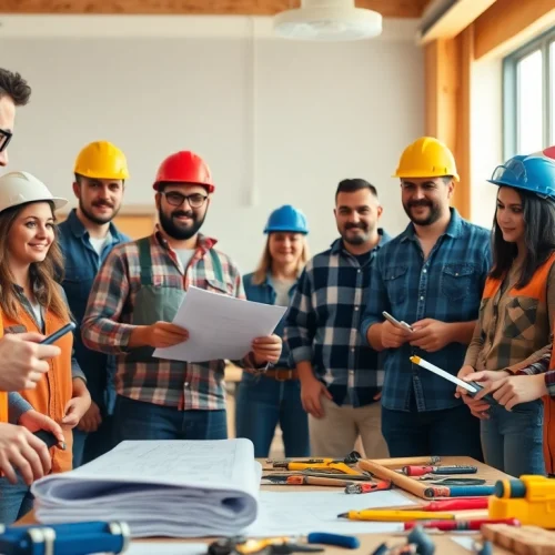 Participants engaging in construction craft training with expert instructors in a bright classroom.