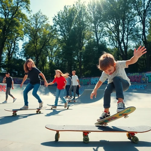 Children participating in a Stage de skate paris, showcasing their skateboard skills outdoors.