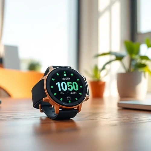 Engaging view of the Ringconn smartwatch displaying health metrics in a home office setting.