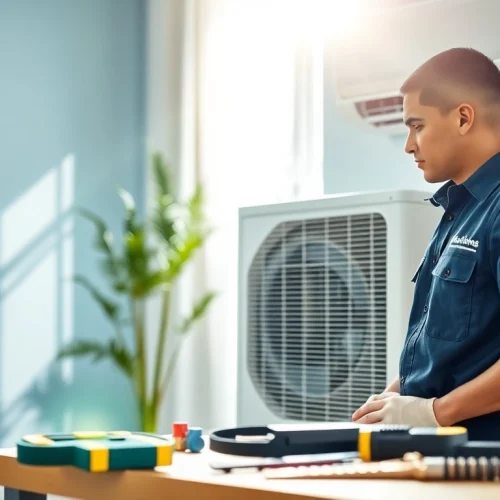Technician performing HVAC Repair Tampa with tools in a modern home environment.