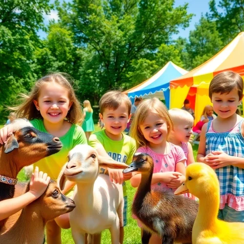 Engaging activities at animal summer camps for kids with children interacting with friendly animals.