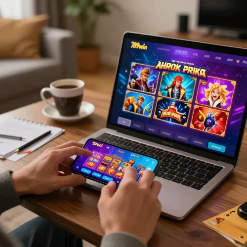 Experience 789win hiện đang mở with a player enjoying mobile casino games on their smartphone in a cozy setting.