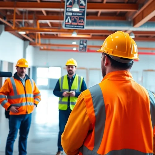 Workers engaged in construction safety programs training with vibrant safety gear and materials.