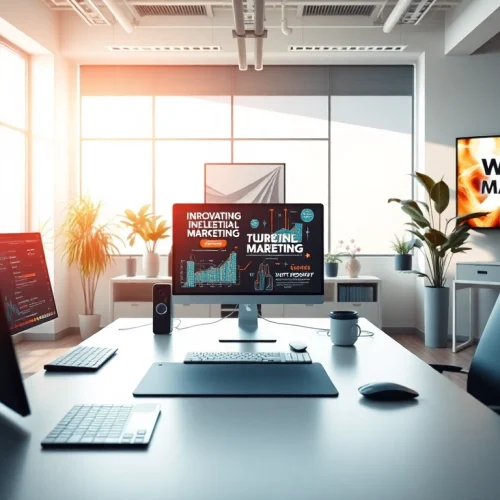 Optimierung von Marketing-Strategien in einem modernen Webdesign Büro mit kreativer Atmosphäre.