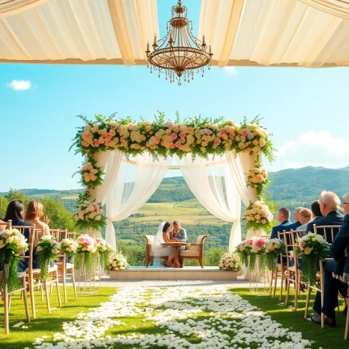 Verlobte genießen eine traumhafte location hochzeit in einem malerischen Garten mit Blumen.