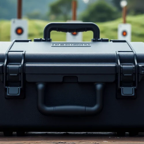 Secure and durable pelican rifle case ideal for outdoor use in a shooting range.