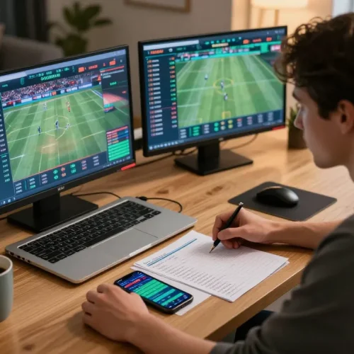SBOBET user analyzing live sports betting odds on multiple screens in a modern gaming setup