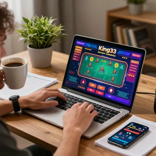 Engaged player enjoying King33 casino games on laptop in modern home setup