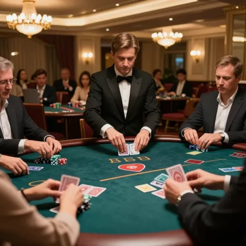 Hoki88 login alternatif, pemain merancang strategi selama permainan poker yang intens dengan kartu dan chip di meja.