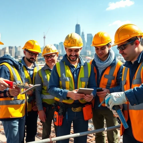Young professionals engaged in electrical apprenticeship on a construction site, highlighting teamwork and skills.
