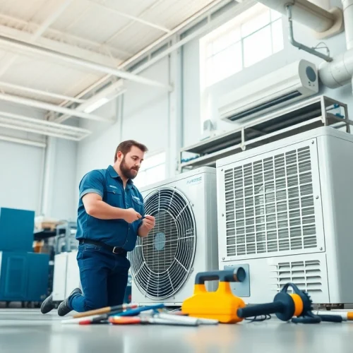 AquaForce Mechanical technician inspecting a modern HVAC unit in a bright workshop.