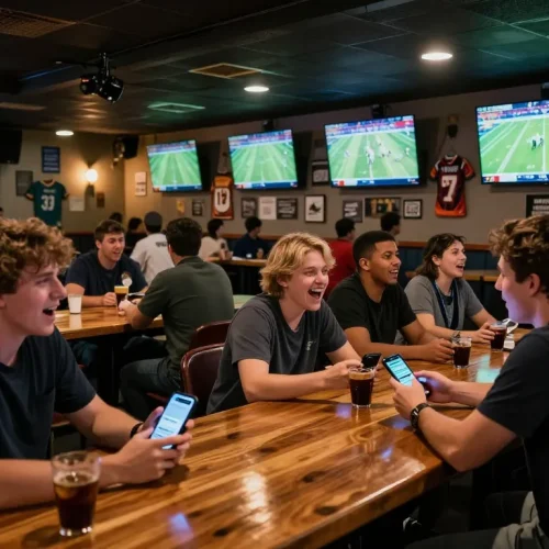 KQBD: Excited patrons at a sports bar engaging in live football betting.