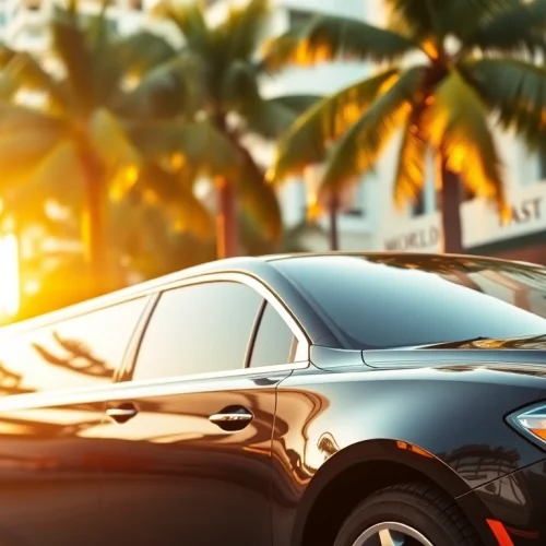 Limo service in Miami parked elegantly in a vibrant city setting, showcasing luxury and ease of travel.