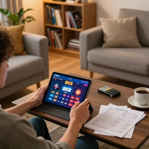 Person engaging in BK8 online casino gaming, showcasing a vibrant home atmosphere with a tablet and strategy notes.