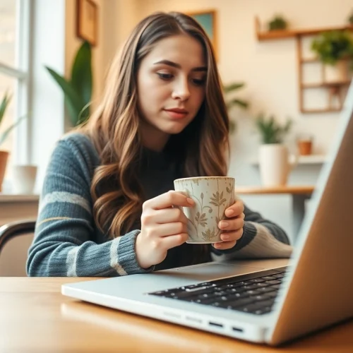 Engaging scene of a blogger working on a UK Lifestyle Blog in a cozy café with tea and laptop.
