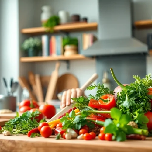 Dishfacts chef preparing a colorful dish, showcasing fresh ingredients in a well-lit kitchen setting.
