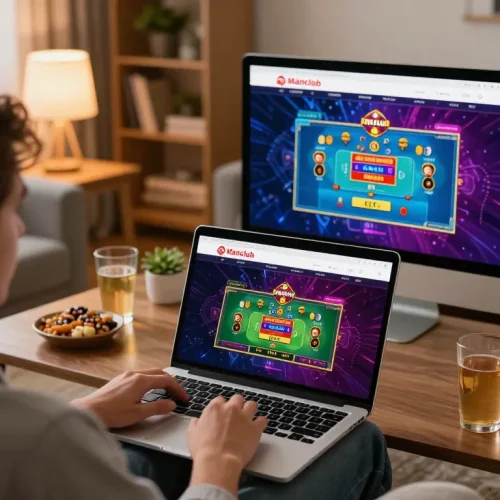 Engaging online gaming experience on manclub website with laptop and cozy home atmosphere.