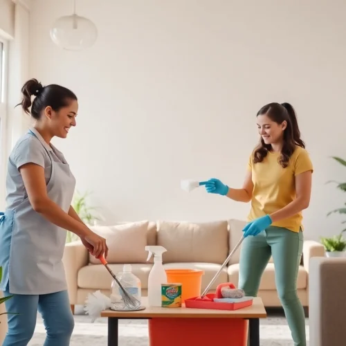 Featuring cleaning services calgary, a professional team tidying a beautifully organized living room.