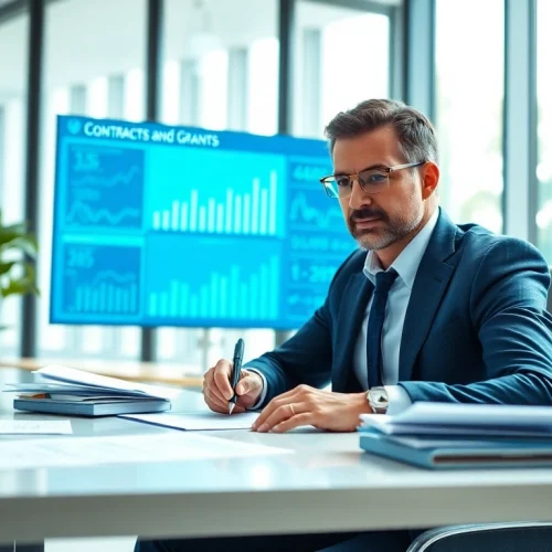 Consultant analyzing contracts and grants documents in a modern office environment.