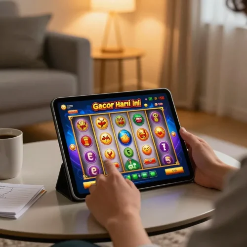 Engaging with slot gacor hari ini on a tablet, accentuating a vibrant online gaming experience.