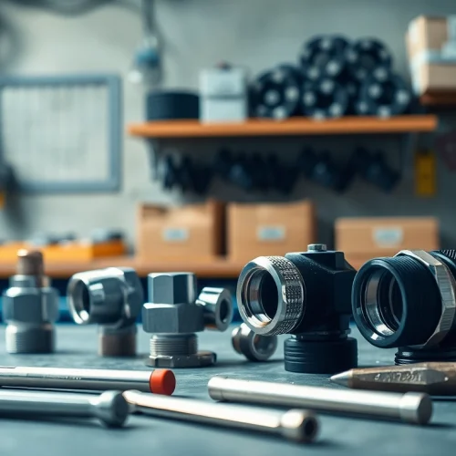 Showcase detailed 360-degree swivel AN fittings in a professional workshop setting.
