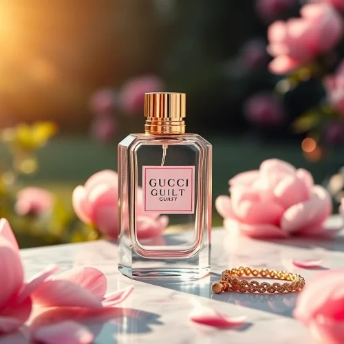 Showcase Gucci Guilty Eau de Parfum reflecting elegance and luxury amidst delicate flowers.
