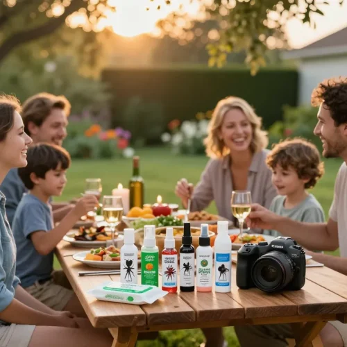 Best mosquito repellent options displayed at a lively outdoor barbecue with friends.