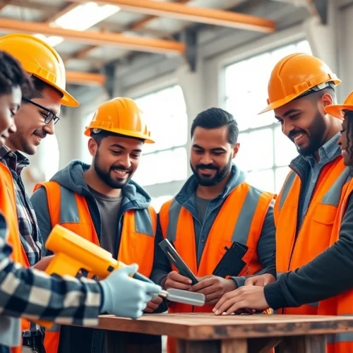 Engaged trainees in a construction apprenticeship program, practicing skills in a workshop.