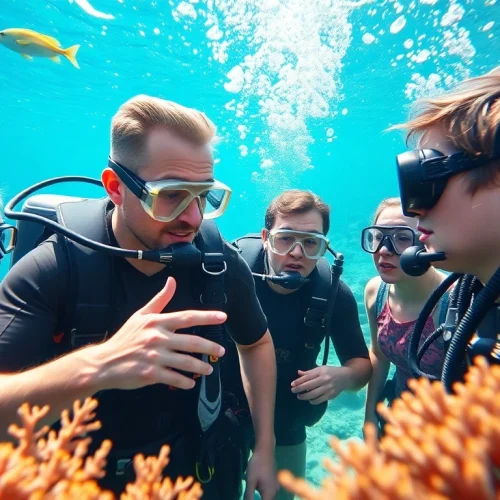 Tauchschule: Professionelle Tauchlehrerin zeigt Schülern das Unterwasserleben.