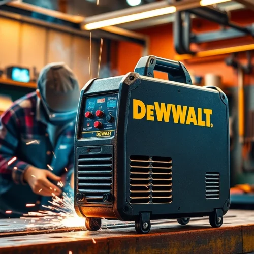 The DeWalt welding machine effectively welding metal in a busy workshop.