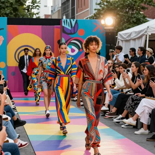 Fashion runway show featuring stylish models in vibrant designs under bright lights.