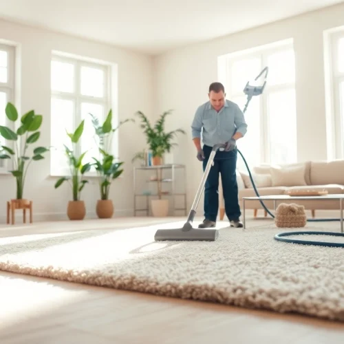Experience amazing carpet cleaning specials with professionals in a bright living room.
