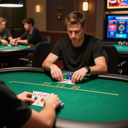 Experienced player strategizing on POKER88 poker game with vibrant table and chips.
