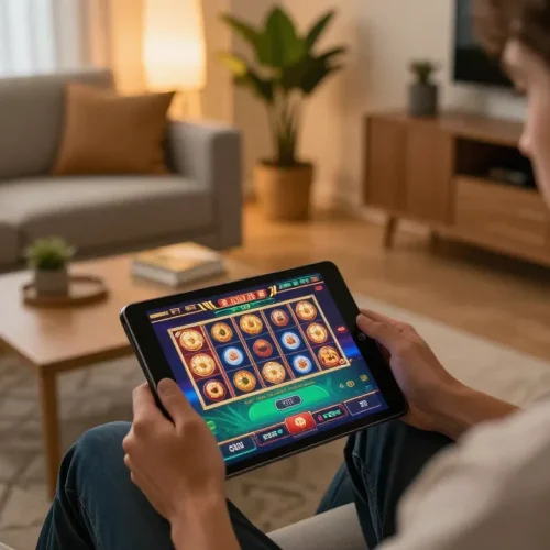 FAFA828 user playing online slots on a tablet in stylish home setting, showcasing gaming experience