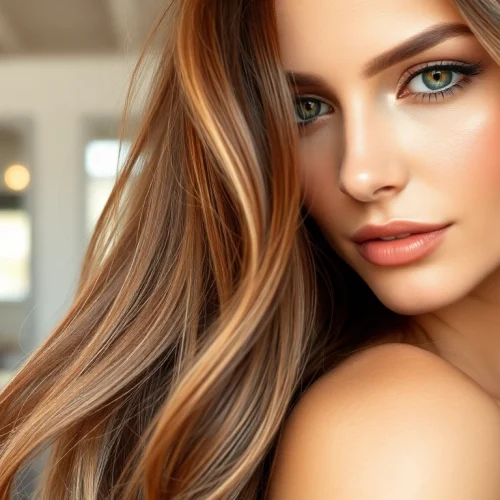 Model featuring invisi edge clip in hair extensions with seamless blends in a salon setting.