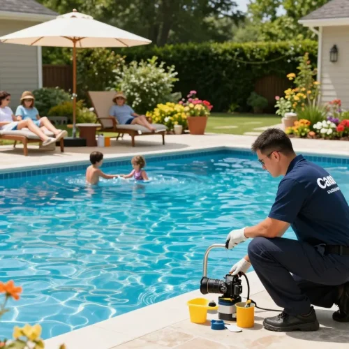Dolphin Pool Services showcases expert technicians maintaining a family pool in Virginia, ensuring a pristine swimming experience.