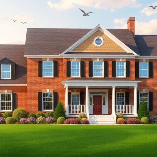 Showcasing a colonial home build with elegant architecture and inviting landscape.