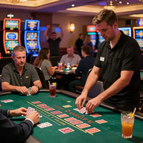 This vibrant scene captures the excitement at Trang chủ 79king, showcasing players enjoying blackjack and slot machines in a lively casino.