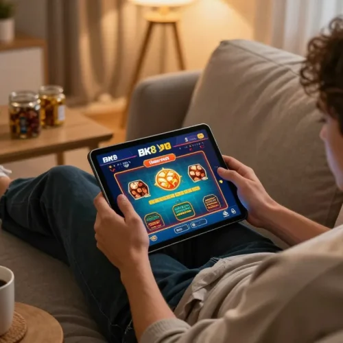 Engaging home gaming experience with BK8 app on tablet, comfortable setting enhancing play.