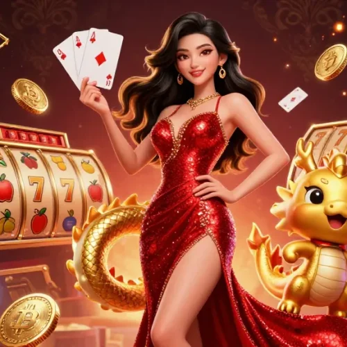 Play and win big with สล็อตทดลองเล่น in this vibrant 3D illustration featuring a confident woman with a golden dragon.