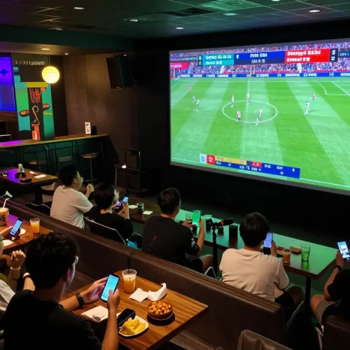 Bong da lu live scores displayed in an engaging sports viewing area with fans cheering and betting.
