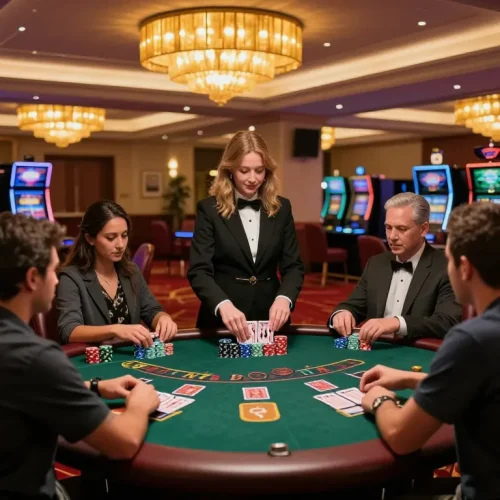 Players enjoying blackjack at 678vip casino, with engaging dealer and vibrant atmosphere.