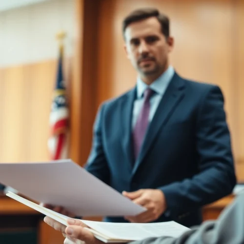 Houston Injury Attorney advising a client in a courtroom on legal matters.