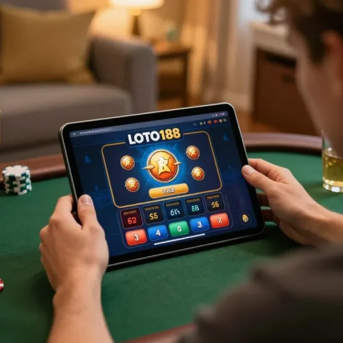 Engaging with LOTO188 LINK MỚI on a tablet, surrounded by poker chips and drinks in a cozy setting.